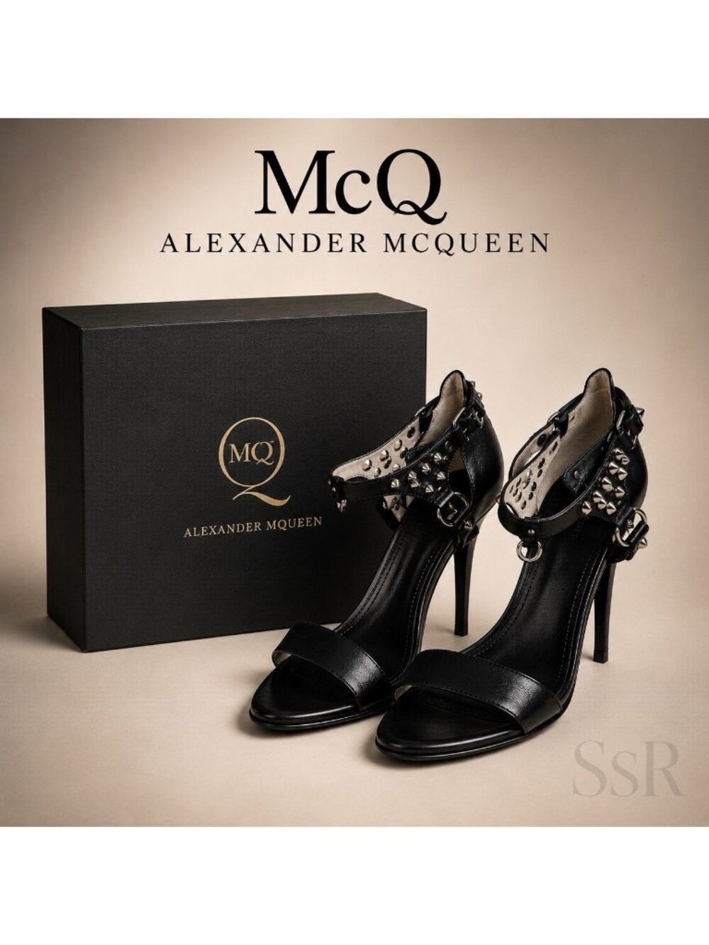 McQ Alexander McQueen Black Leather Studded Ankle  Stiletto Sandals US7.5 IT38